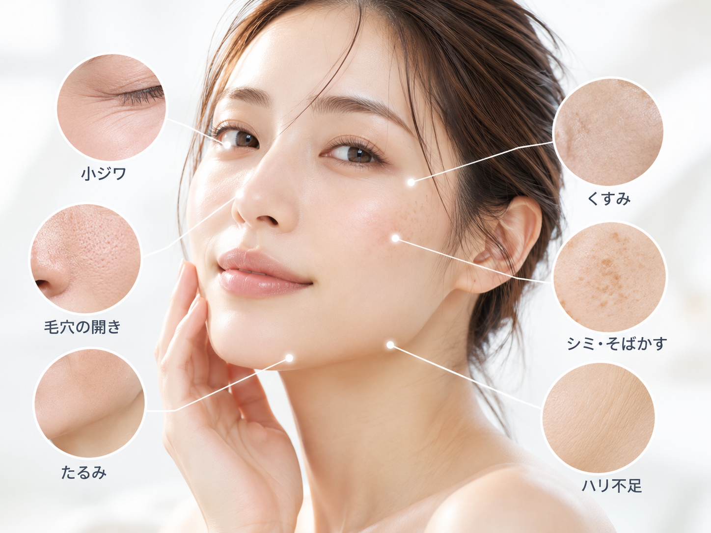 気になる肌悩みを示す図。小ジワ・くすみ・毛穴の開き・シミ・そばかす・たるみ・ハリ不足を女性の顔の各部位で示している