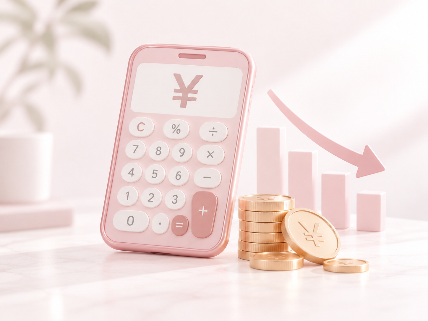 単品メニューで組むよりお得なことを示すイメージ。電卓と硬貨、下がる矢印のグラフ