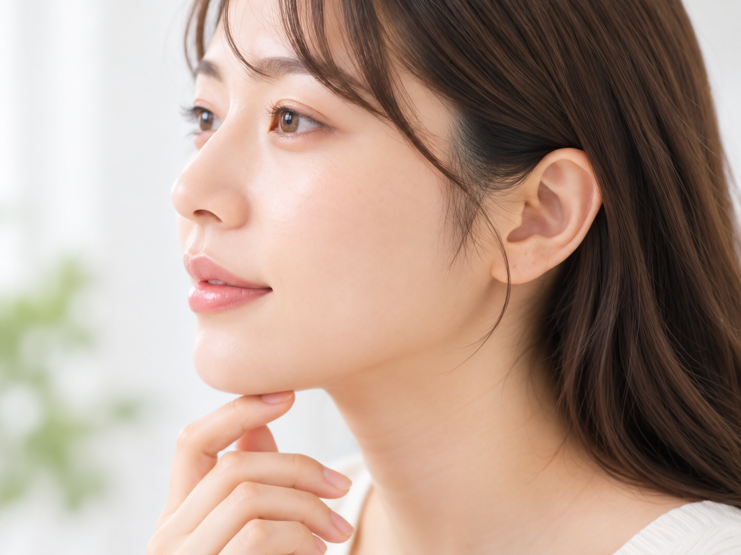 効果が半永久的に続くことをイメージした、口元に指を添える女性の横顔の写真