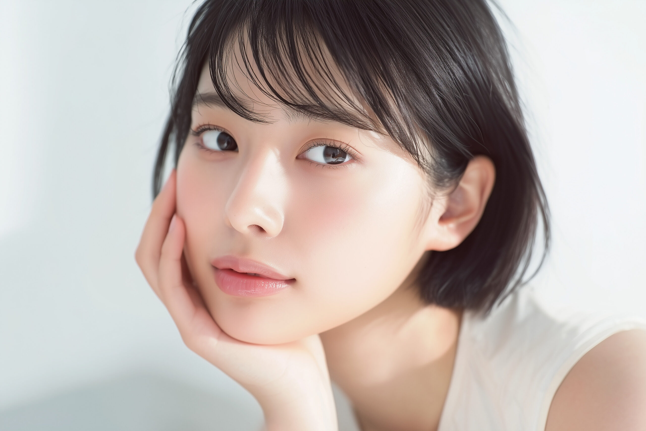 術後の傷が目立ちにくいことをイメージした、頬に手を添える女性の写真