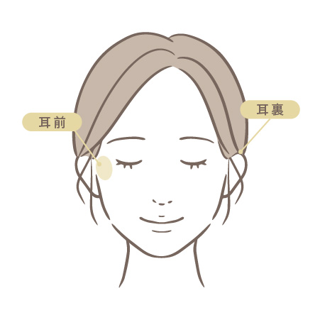 フェイスリフトの施術部位。耳前・耳裏を示す顔のイラスト