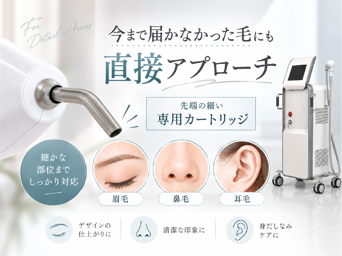 今まで届かなかった毛にも直接アプローチできる先端の細い専用カートリッジ。眉毛・鼻毛・耳毛など細かな部位までしっかり対応